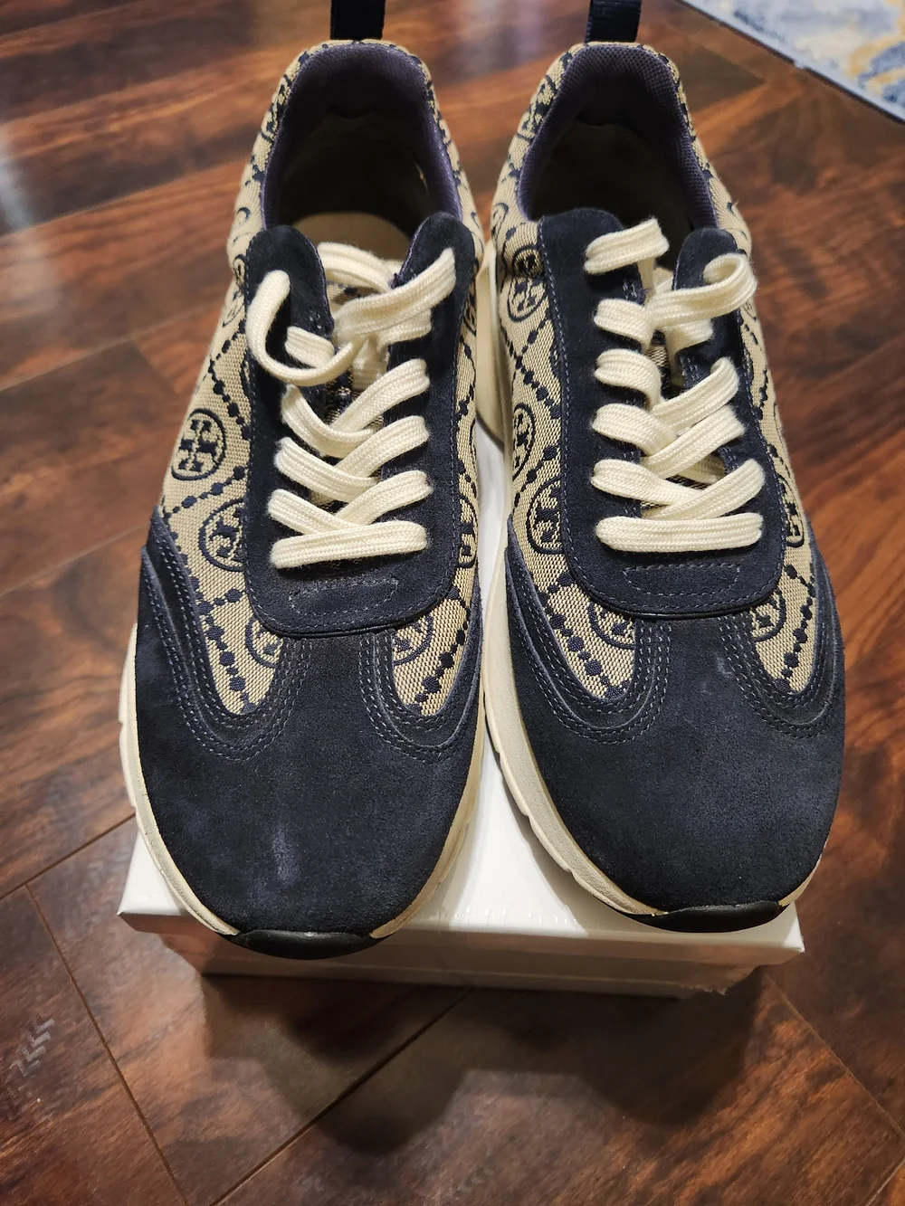 Tory Burch Monogram Platform Sneakers in Navy & Cream